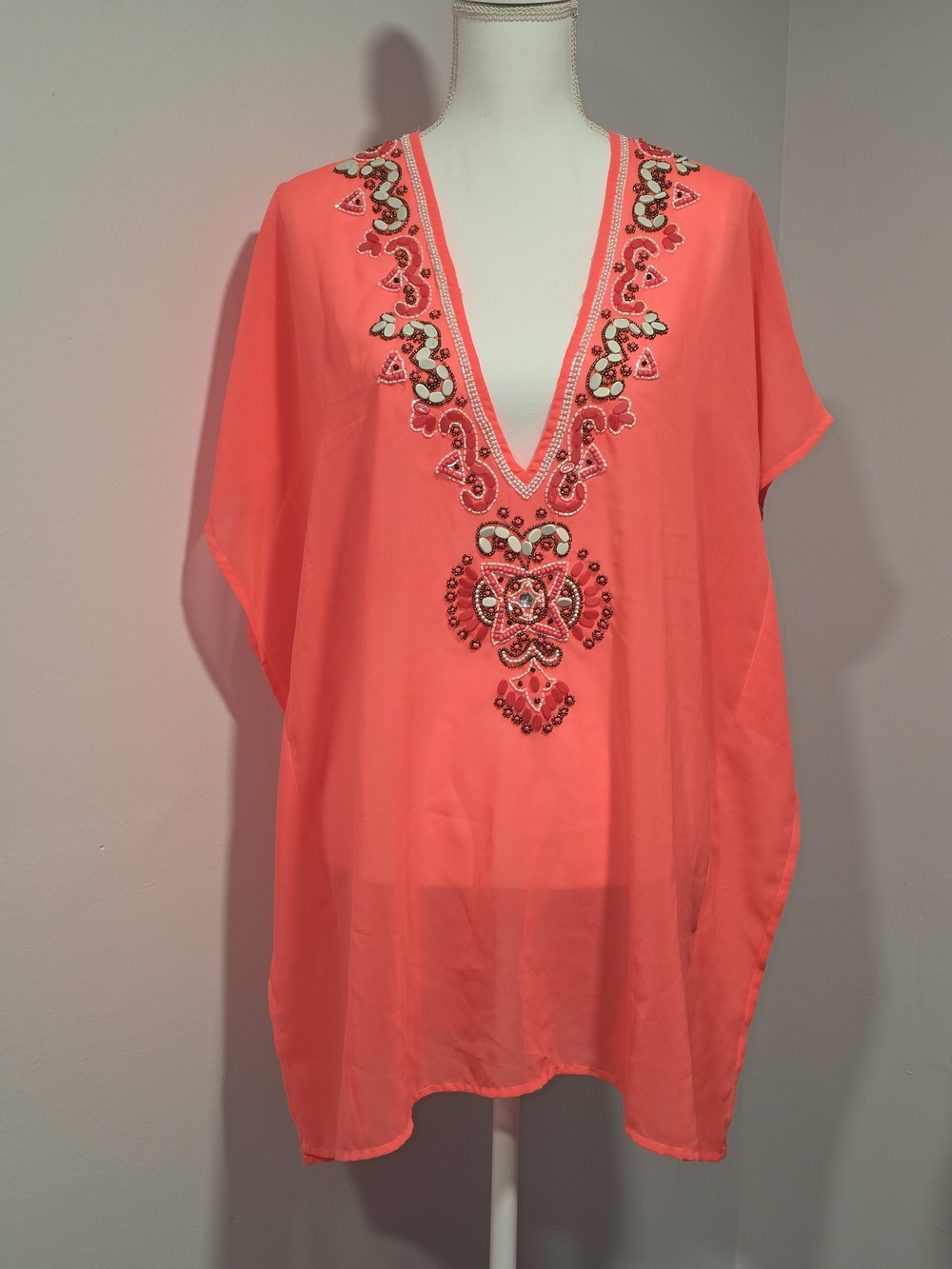 Spiaggia Dolce Boho Embellished Coral V-Neck Flowy Swim Coverup Women Size M